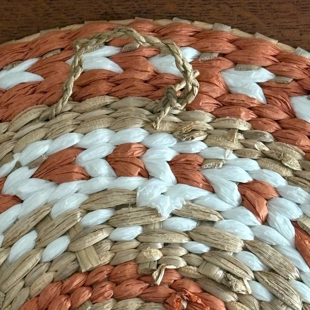 Handwoven Decorative Basket in Orange, White, and Tan
